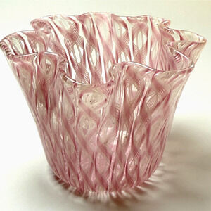 Vintage Murano Pink White Aventurine Latticino Art Glass Fazzoletto Vase Venini